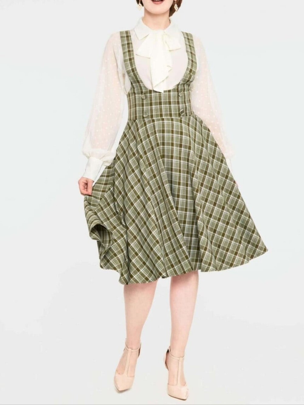 Voodoo Vixen Olive Overall Plaid Midi Pinafore Dress